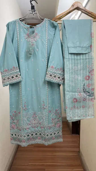 Pakistani Original Hayat Stitched Cotton 3Pcs _ Sky Blue 